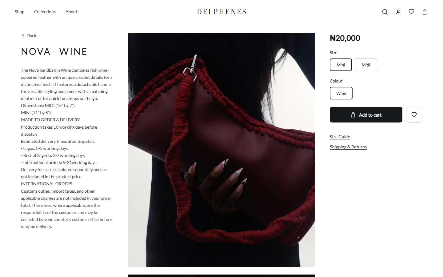 Delphenes product page for the Nova bag in Wine
