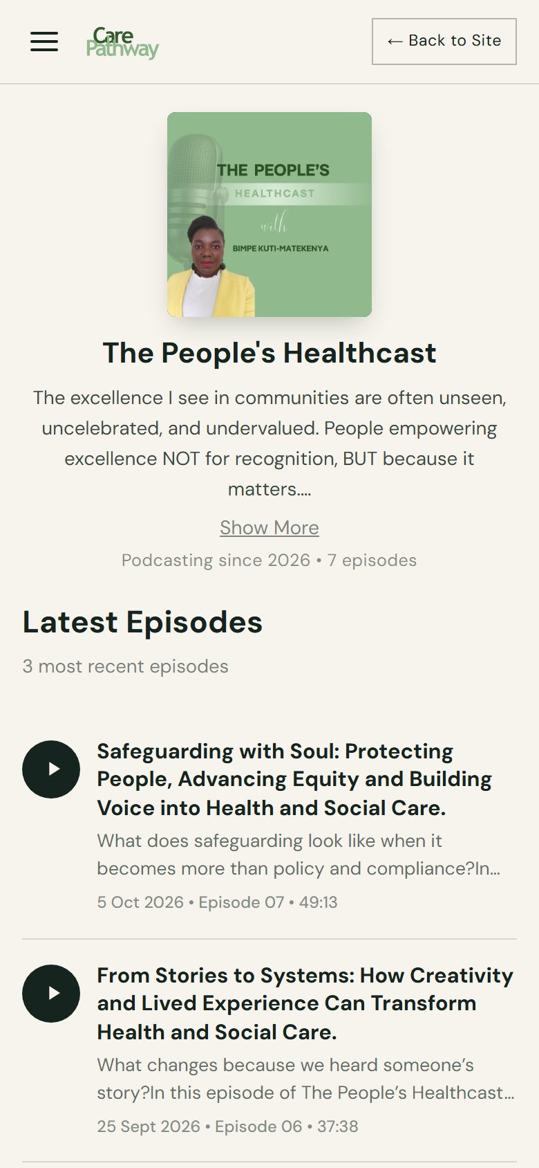 The Peoples Healthcast podcast page on a phone