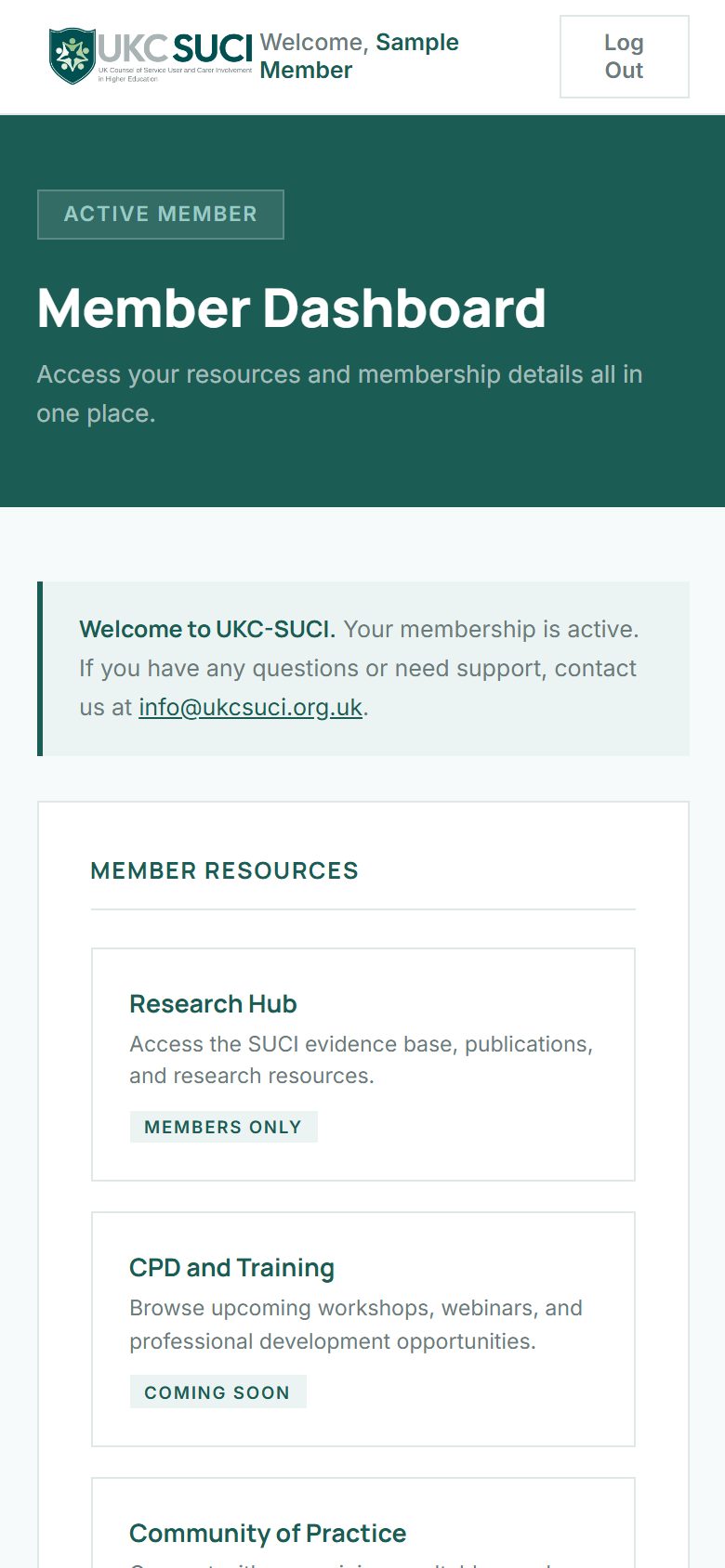 UKC-SUCI member dashboard on a phone
