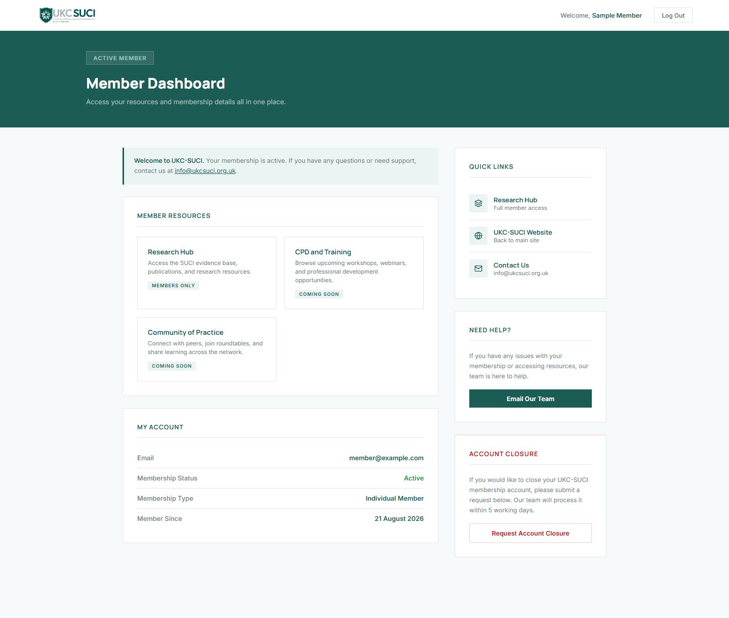 UKC-SUCI member dashboard, full page
